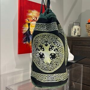 New Age Imports India Green Celtic Tree Yoga Backpack Rucksack 100% Cotton NWOT